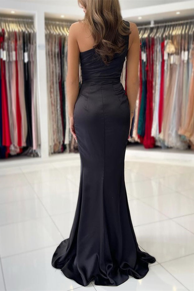 One-Shoulder Sleeveless Black Prom Dress Mermaid With Split