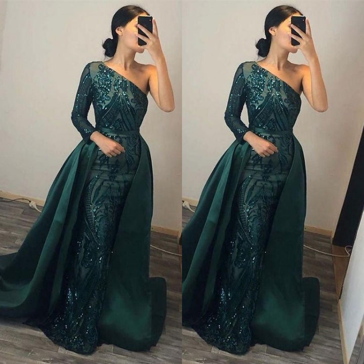 Dark Green One-Shoulder Overskirt Long Sleeve Mermaid Prom Dress With Sequins