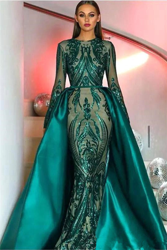 Green Sequins Mermaid Prom Dress With Detachable Skirt