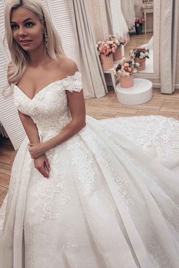 Bmbride Luxury Off Shoulder A-Line Lace Wedding Dresses