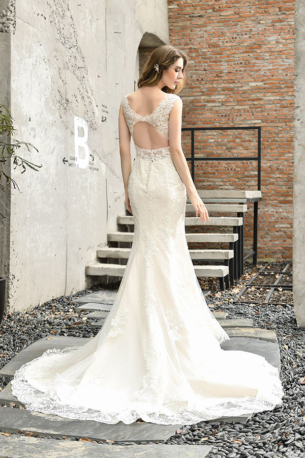 Bmbride Satin Lace Open Back Wedding Dress