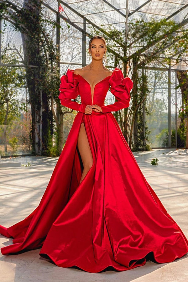 Red V Neck Bubble Sleeves Slit Prom Dress