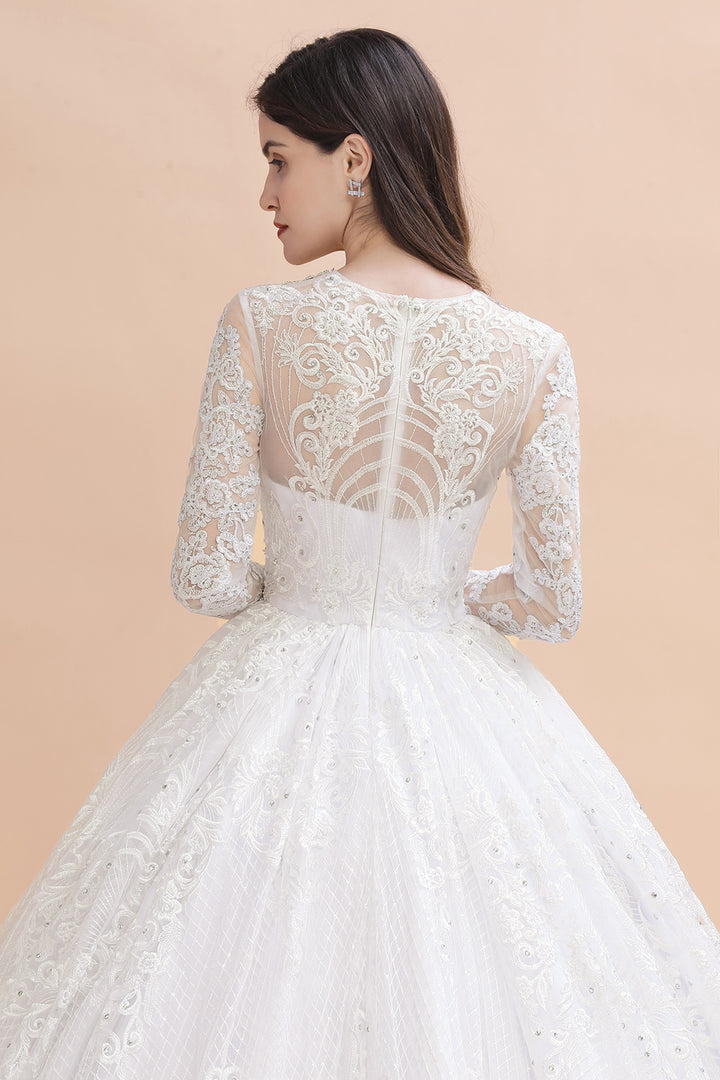 Bmbride Lace Crystal Beads Sheer Tulle Wedding Dress