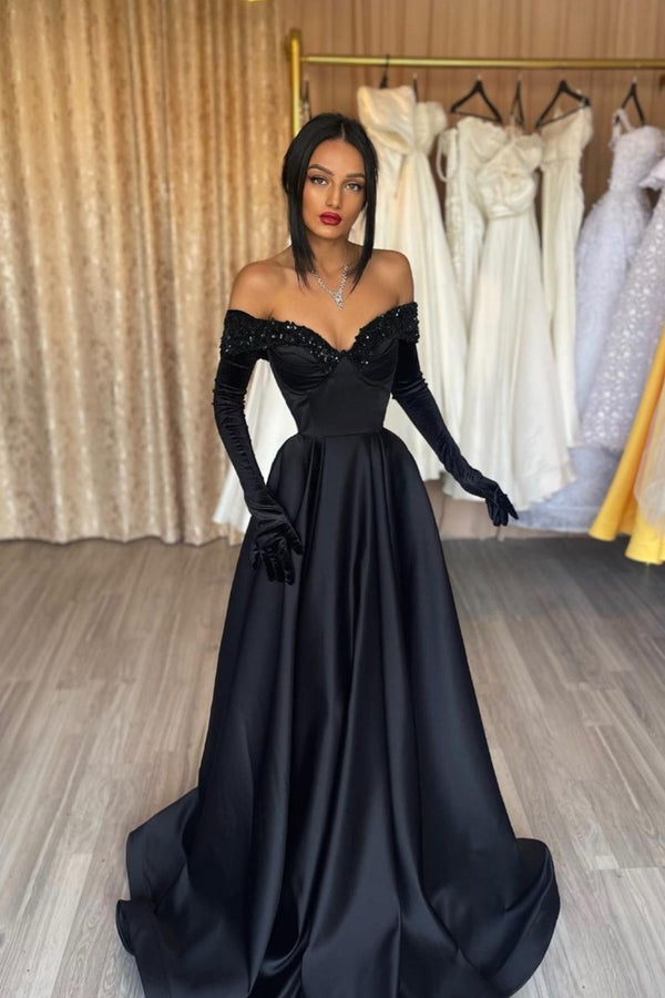 Strapless Black Prom Dress A-Line With Gloves Charmeuse