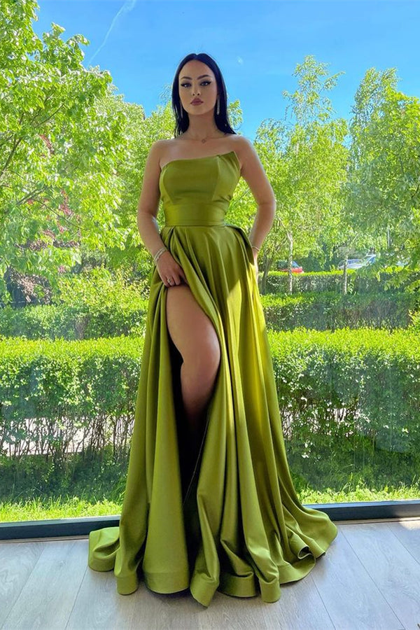 Green Strapless A-Line Prom Dress With Split - Elegant