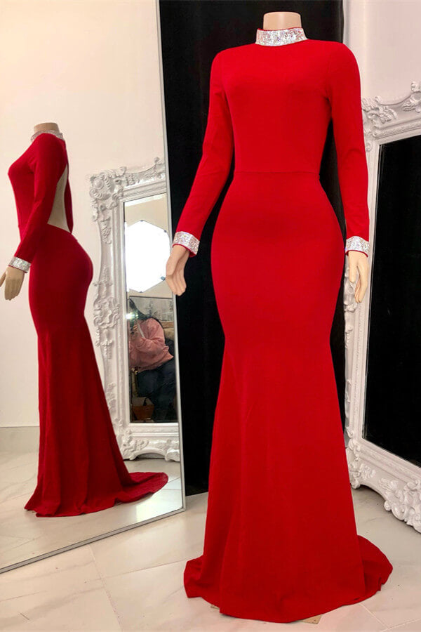 Red Long Sleeve Open Back Mermaid Prom Dress