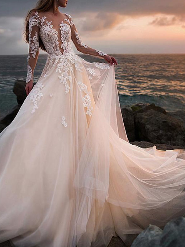 Bmbride A-Line Wedding Dresses with Jewel Neck Court Train Lace and Tulle Long Sleeve Beach Sexy See-Through