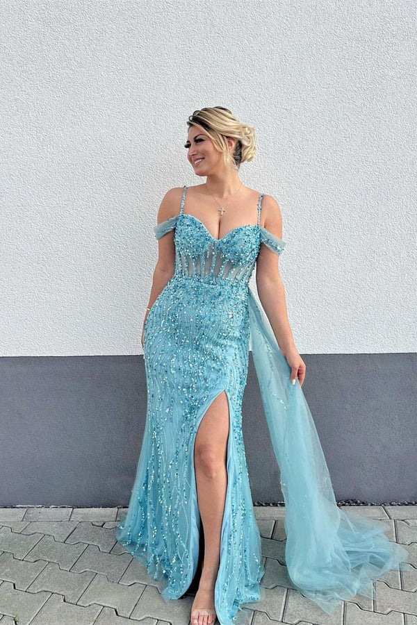 Blue Mermaid Prom Dress With Spaghetti-Straps Ruffles Split and Beadings