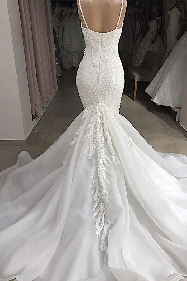 Bmbride Appliques Mermaid Wedding Dress with Spaghetti Straps