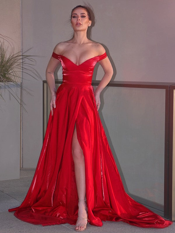 Off-the-Shoulder Red Long Evening Dress with Split