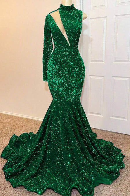 Green Long Sleeve High Neck Mermaid Long Prom Dress With Sequins