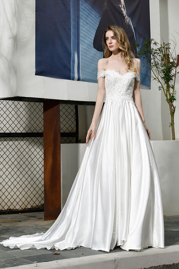 Bmbride Off-the-Shoulder Appliques Satin Bridal Gown