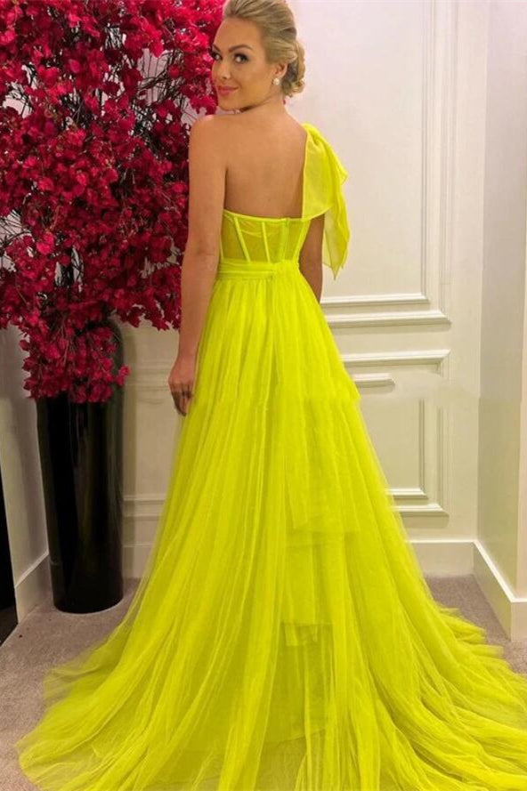 One Shoulder Tulle A-Line Long Prom Dress With Split