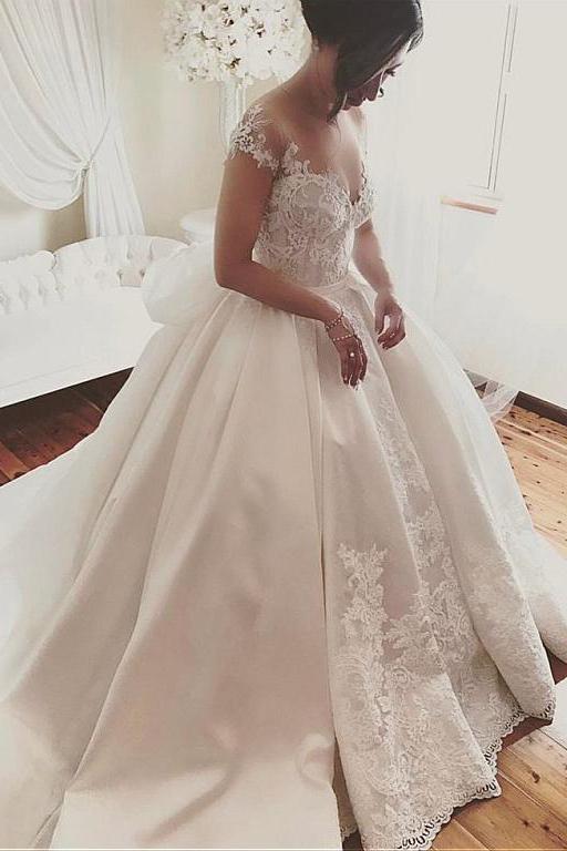 Bmbride Satin Sheer Neckline Ball Gown Appliques Bowknot Wedding Dress