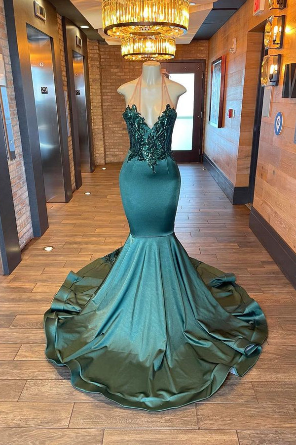 Elegant Evening Dress Dark Green Halter Sleeveless Appliques