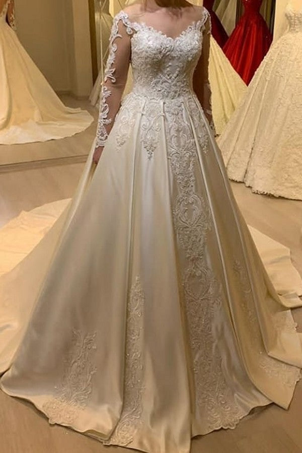 Bmbride Elegant A-Line Sweetheart Long Sleeve Appliques Lace Pearl Satin Bridal Gown