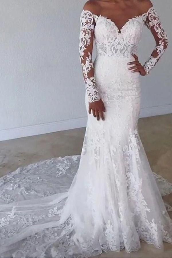 Bmbride Long Mermaid Sweetheart Lace Wedding Dress with Sleeves