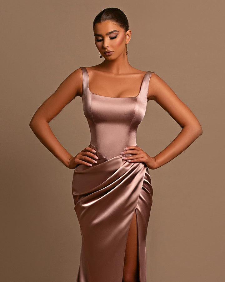 Lotus Root Pink Evening Dress Ball Gown with Wide Shoulder Straps Square Neckline and Pleated Slit