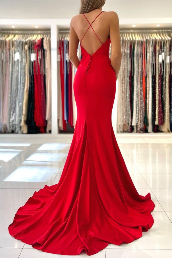 Long Red Evening Dress with Spaghetti Straps and Mermaid silhouette