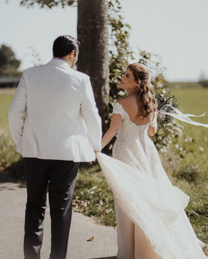 Bmbride Off-the-Shoulder Tulle Boho Wedding Dress with Lace