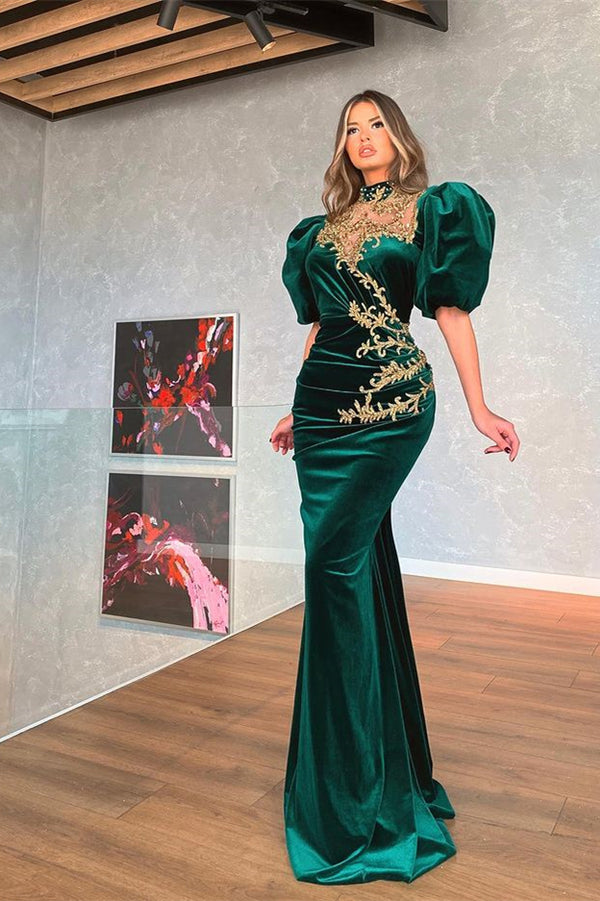 Sleek Dark Green Bubble Sleeves Mermaid Prom Dress