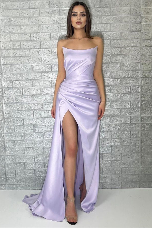 Sleeveless Strapless Lavender Mermaid Prom Dress With Split