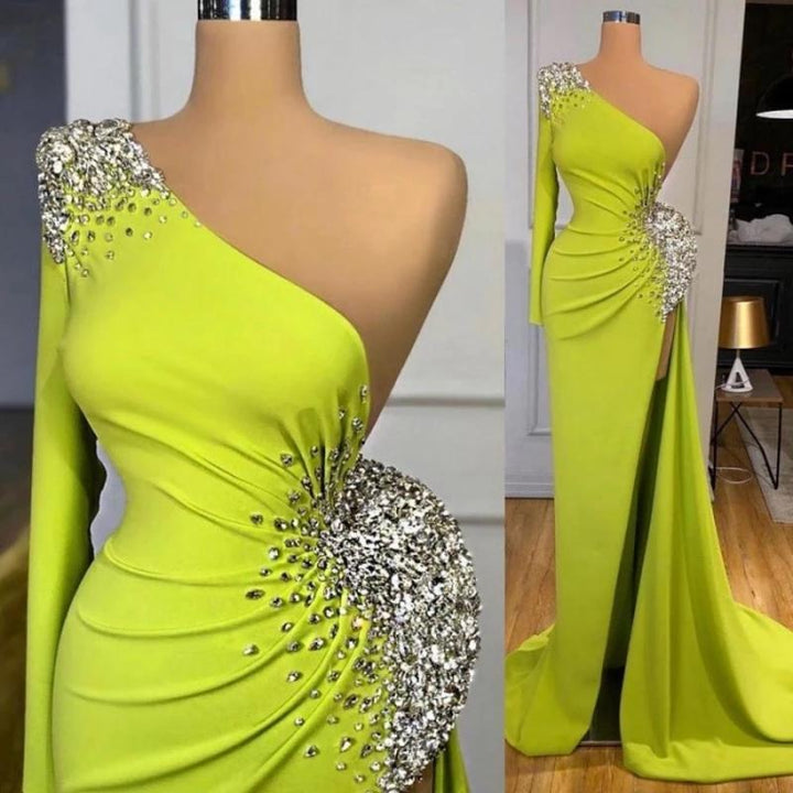 Mermaid Long Prom Dress Split With Beads Yellow Green Long Sleeves