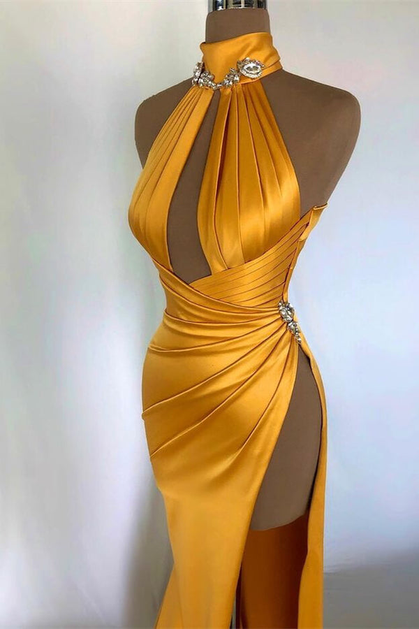 Champagne Gold Off-the-Shoulder Evening Dress with High Neck and Pleated Slit