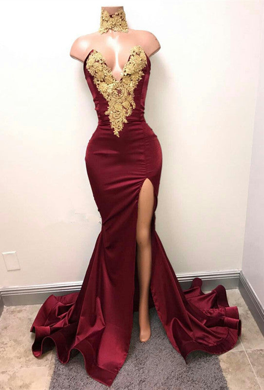 V-Neck Burgundy Mermaid Prom Dress with Split and Lace Appliques