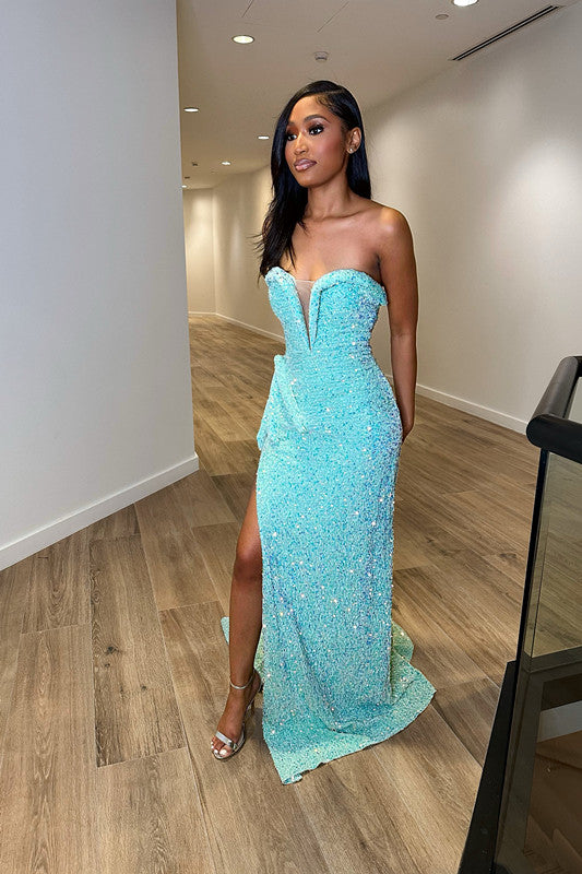 Baby Blue Sequins Evening Dress with Slit Sleeveless Taping V Neck