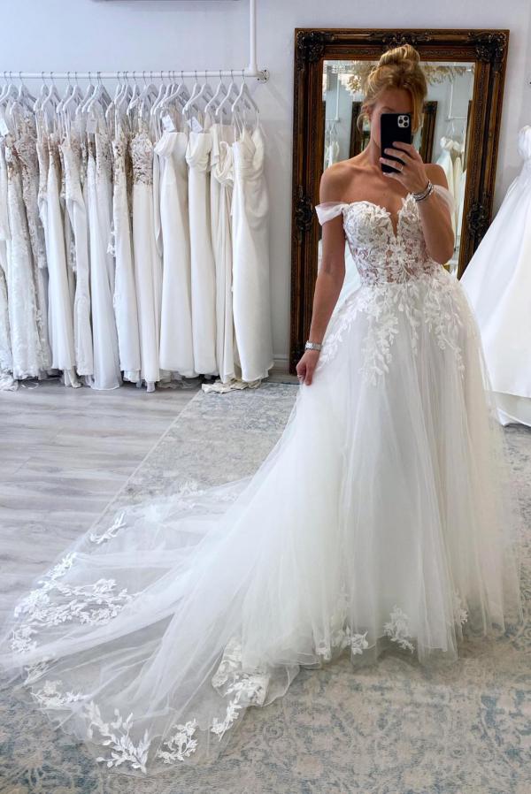 Bmbride White A-line Off the Shoulder Tulle Lace Wedding Dress