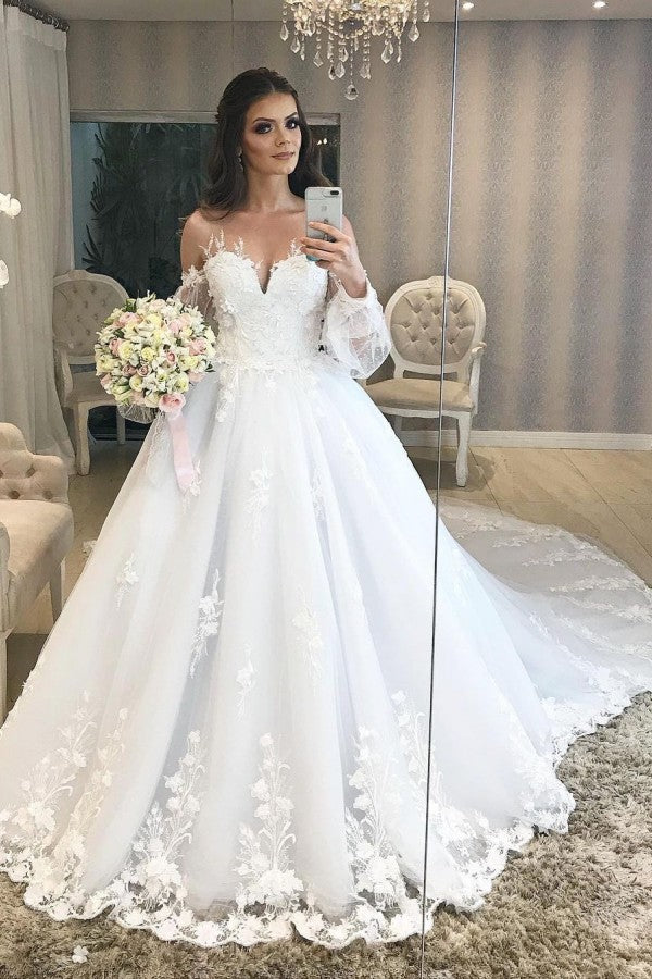 Bmbride Long Elegant Princess Off-the-Shoulder Tulle Wedding Dress with Bubble Sleeves