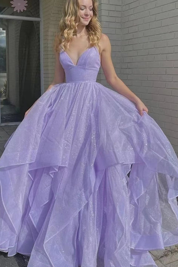 Prom Dress: Lilac Spaghetti-Strap V-Neck A-Line with Tulle