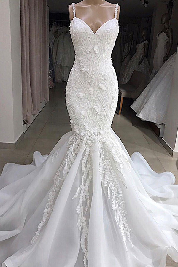 Bmbride Appliques Mermaid Wedding Dress with Spaghetti Straps