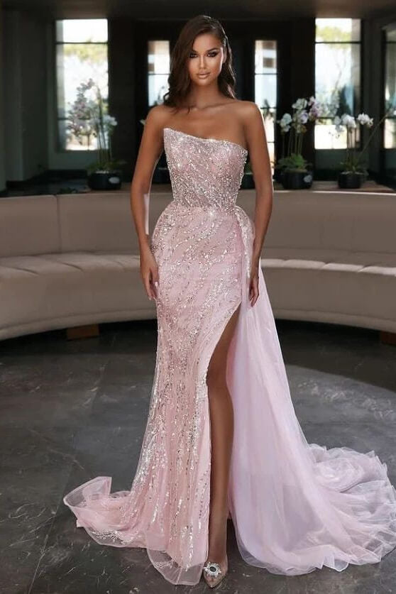 Online Light Pink Strapless Mermaid Sequins Prom Dress Split With Ruffles