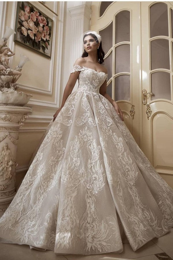 Bmbride Off-the-Shoulder Appliques Lace Floor-length Church A-Line Wedding Dress