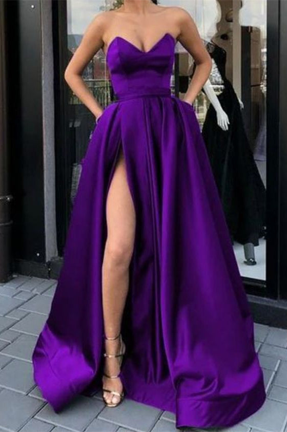 Purple Sweetheart Long Prom Dress with Pockets and Split