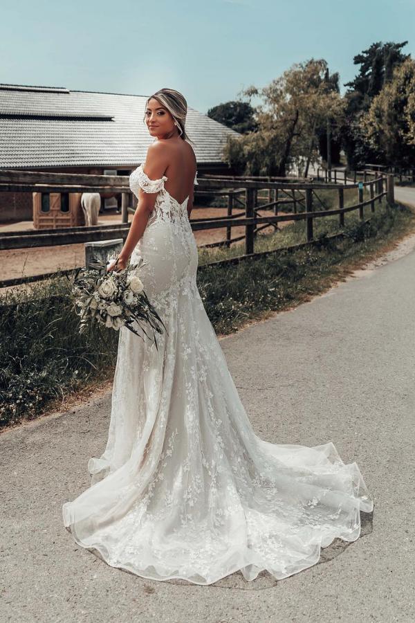 Bmbride Long Mermaid Off the Shoulder Tulle Lace Backless Wedding Dress