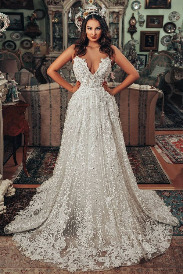 Bmbride Long A-line V-neck 3D Floral Lace Wedding Dress