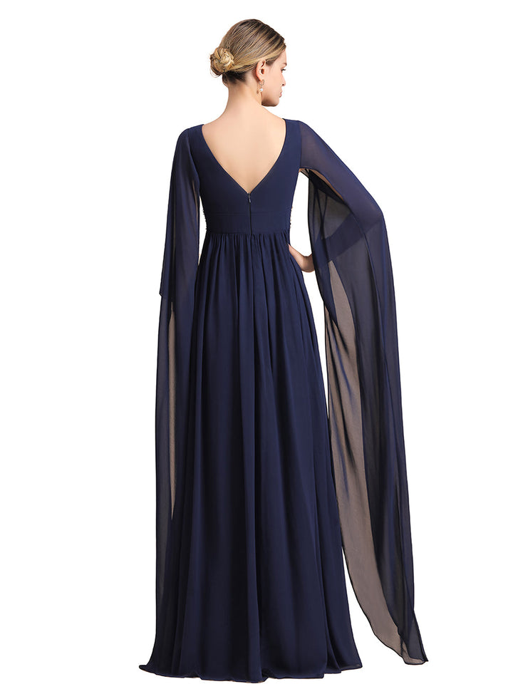 Deep V-Neck Long Sleeves Chiffon Floor-Length Dress-koscy