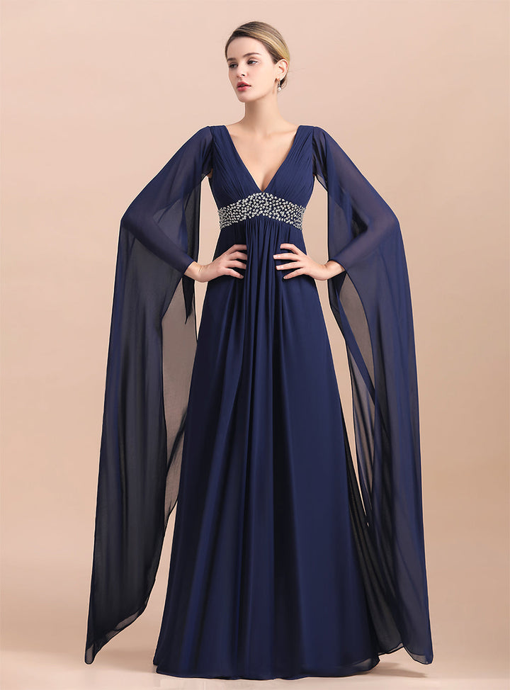 Deep V-Neck Long Sleeves Chiffon Floor-Length Dress-koscy