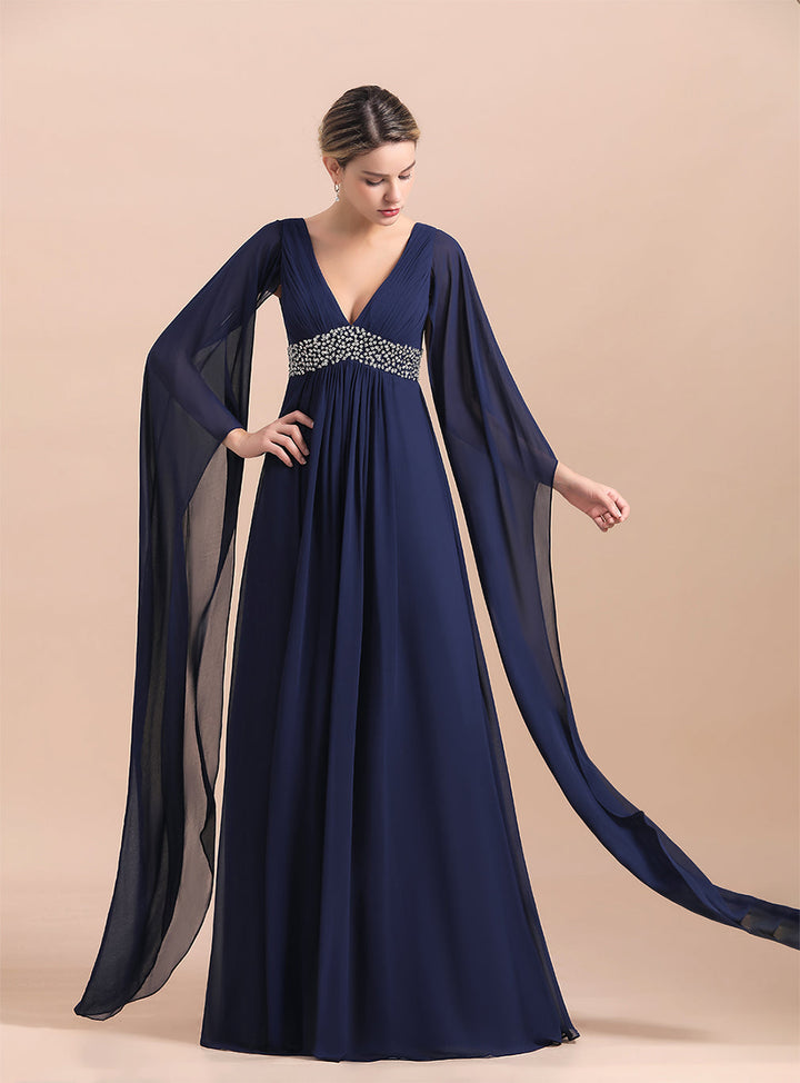 Deep V-Neck Long Sleeves Chiffon Floor-Length Dress-koscy