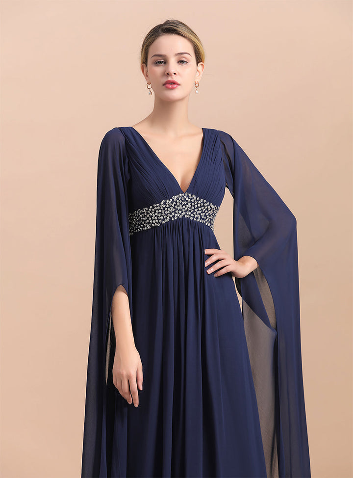 Deep V-Neck Long Sleeves Chiffon Floor-Length Dress-koscy