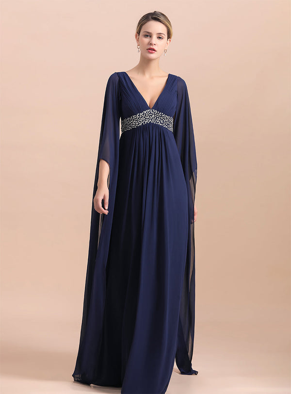 Deep V-Neck Long Sleeves Chiffon Floor-Length Dress-koscy