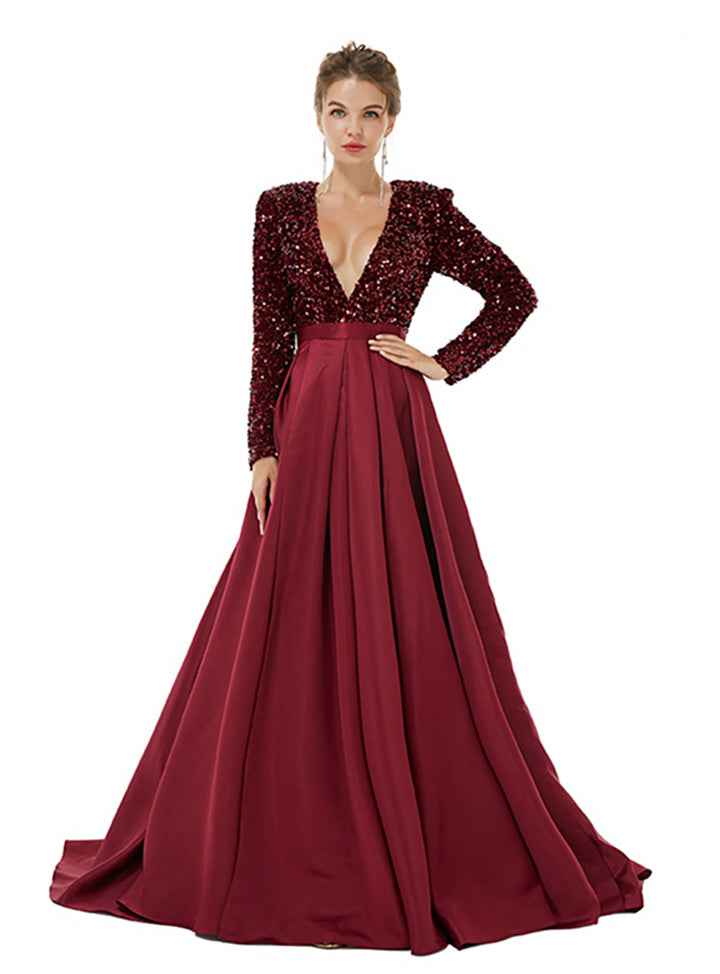 Deep V-Neck Long Sleeves Slit Floor-Length Dress-koscy