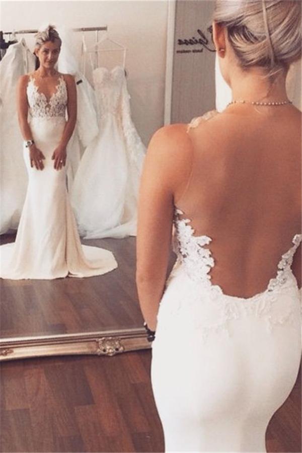 Bmbride Sleeveless Lace Mermaid Wedding Dress for Summer Beach Wedding