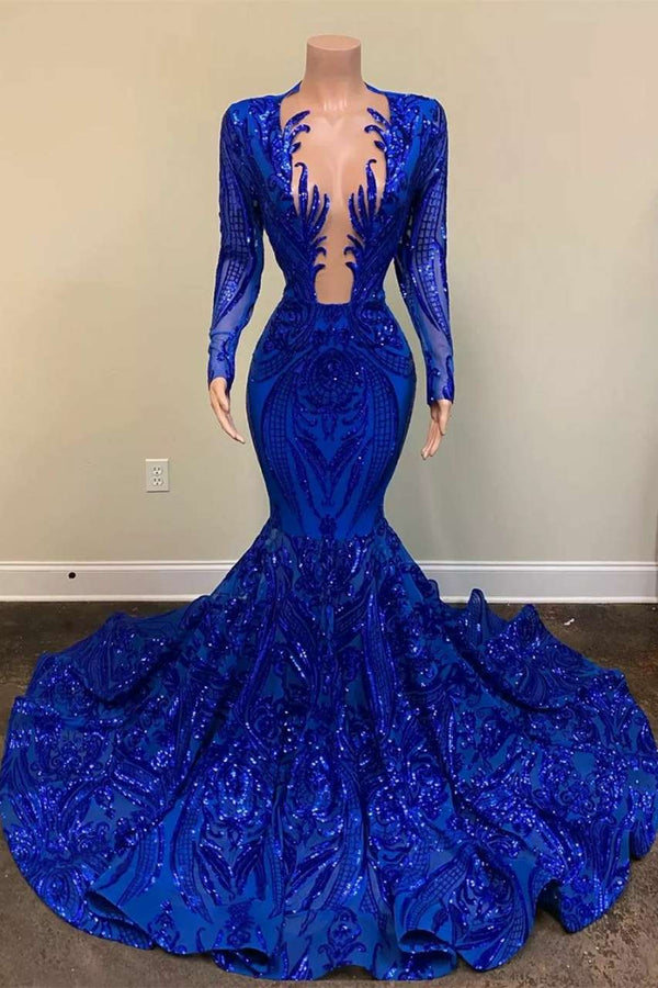 Royal Blue Long Sleeves Long Mermaid Heavy Appliques Prom Dress