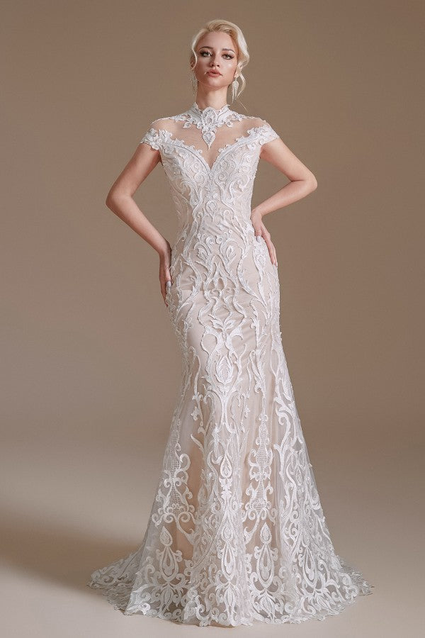 Bmbride Long Sleeve Vintage Lace High-neck Mermaid Wedding Dress