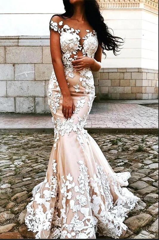 Bmbride Vintage Off-the-Shoulder Appliques Lace Backless Floor-length Mermaid Wedding Dress