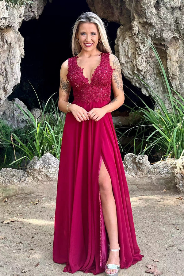 Red V-Neck Split Long Prom Dress with Appliques - Vintage